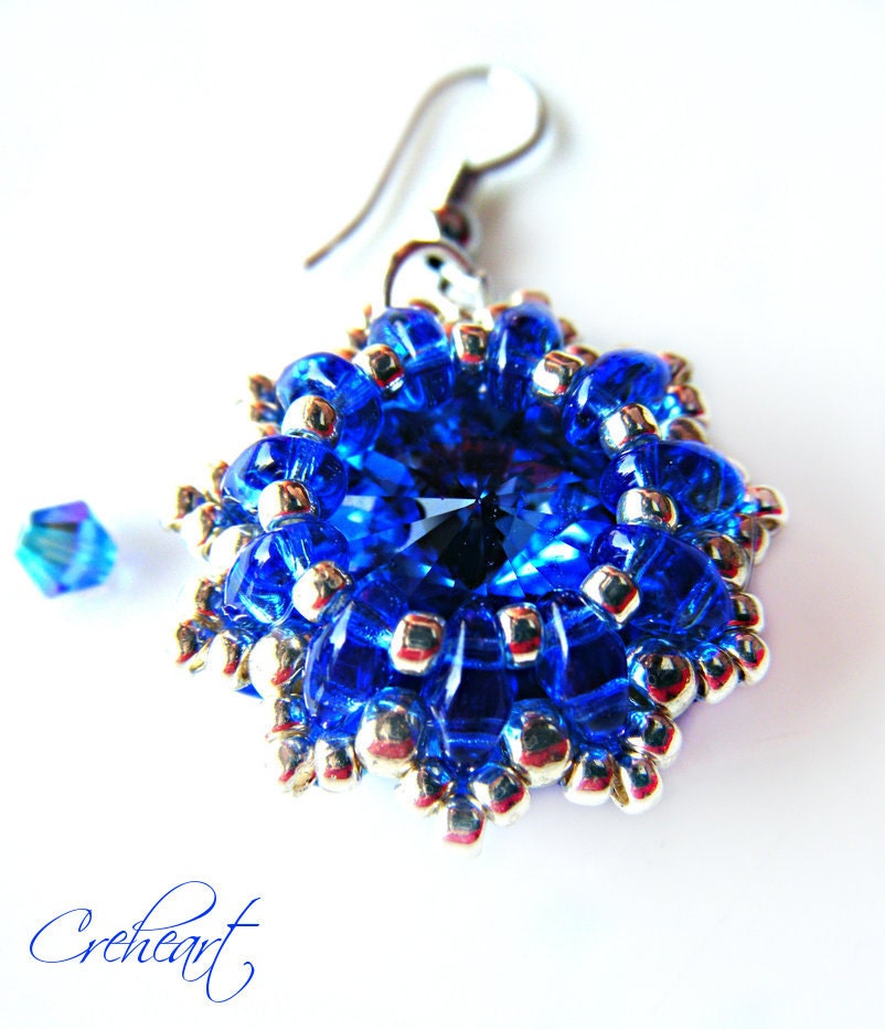 Handmade beadwork - Earrings, Swarovski Rivoli, Superduo beads - Bridesmaids Gift - Royal Blue