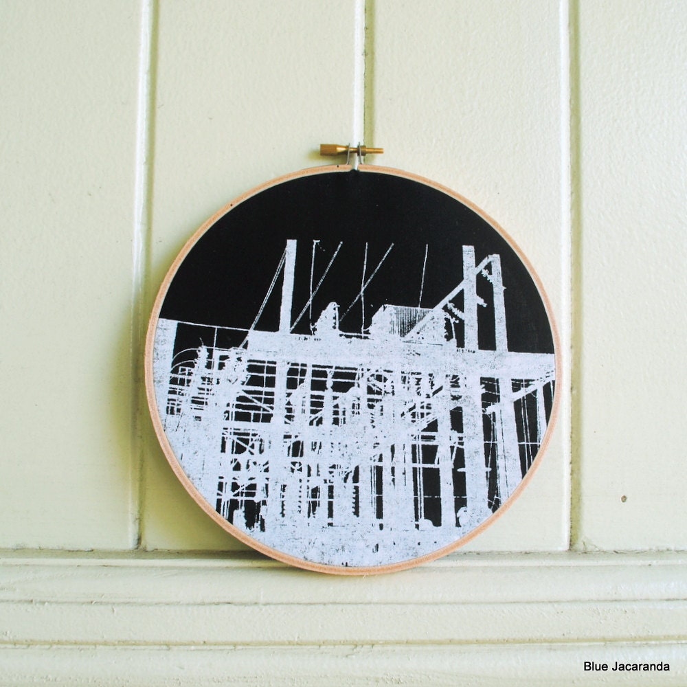 Abstract Art Print - Silkscreen White on Black - Transformer Station - Stretched in Hoop