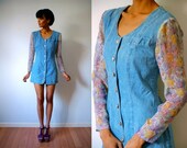 Vtg Sheer Floral Sleeves Denim Button Down Mini Dress