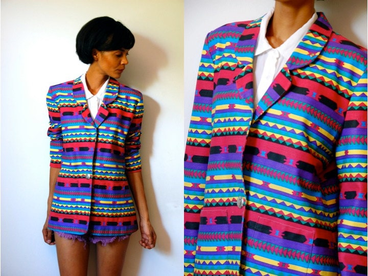 Vtg Colorful Tribal Printed Button Down Denim Jacket w Pockets