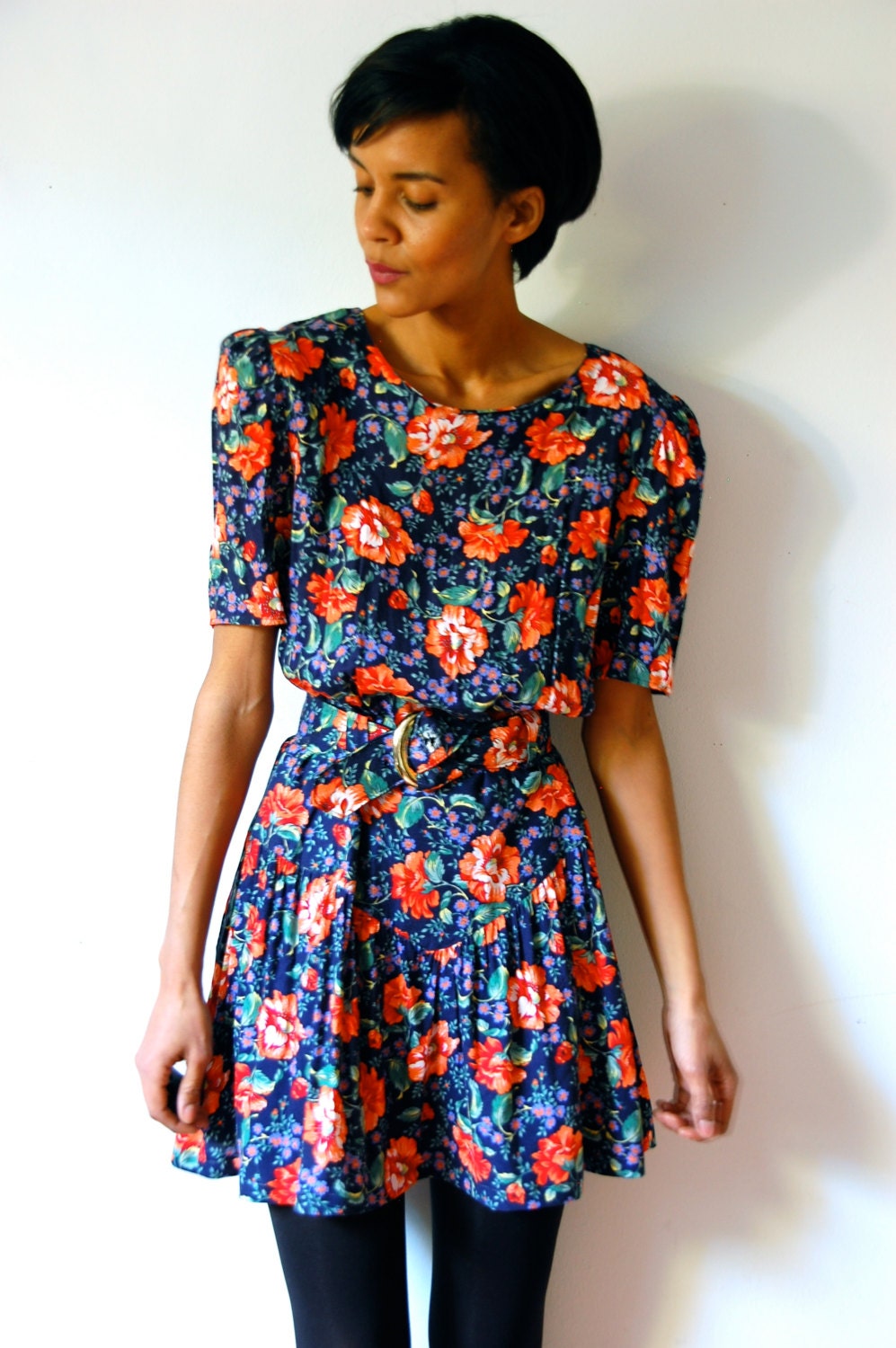 RESERVED Vtg Retro Orange Floral Printed Navy Belted Dress