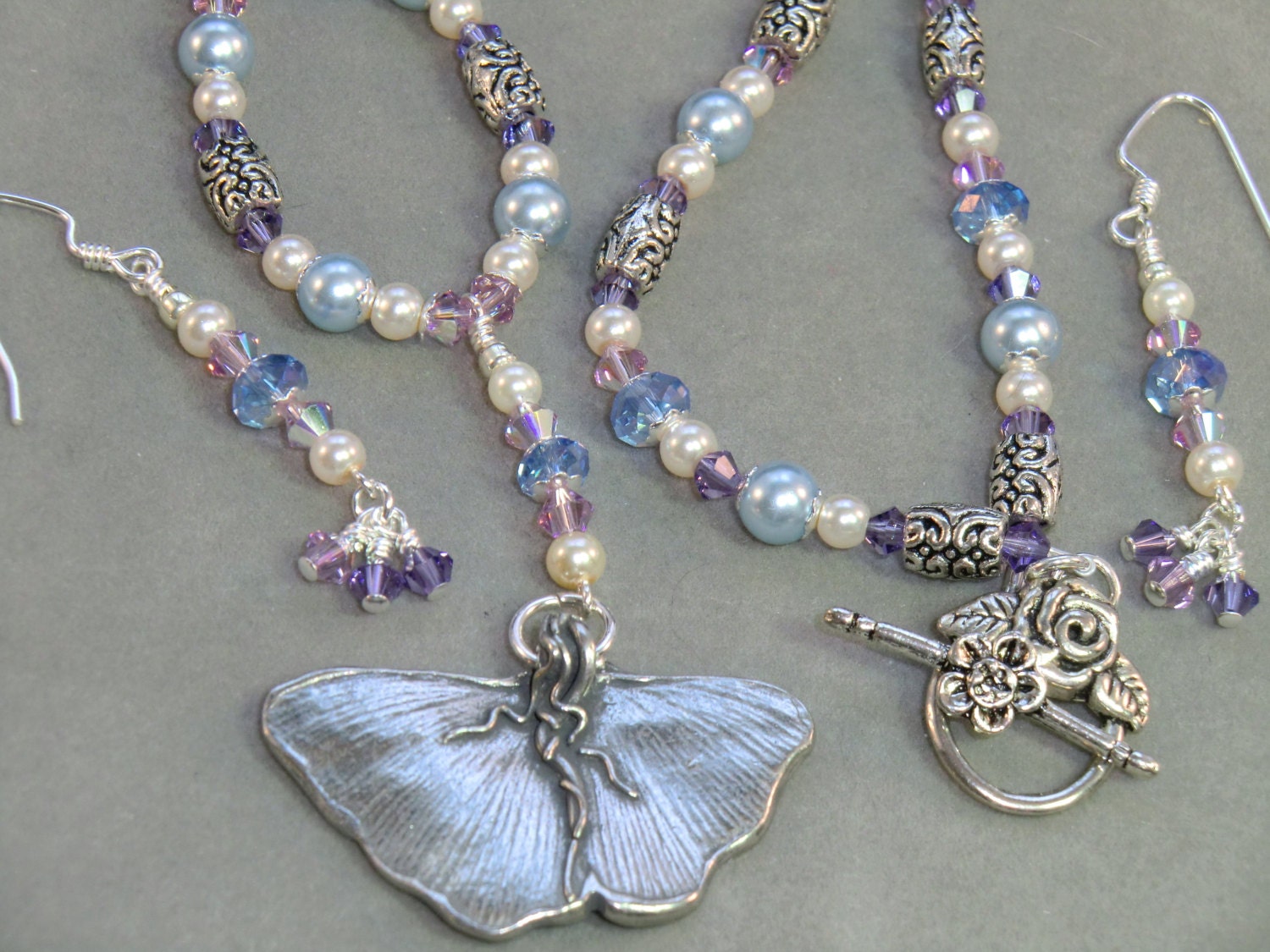 Flight of the Fairy Queen, blue, lavender and silver necklace and earring set, crystal, silver rose and pearl necklace set