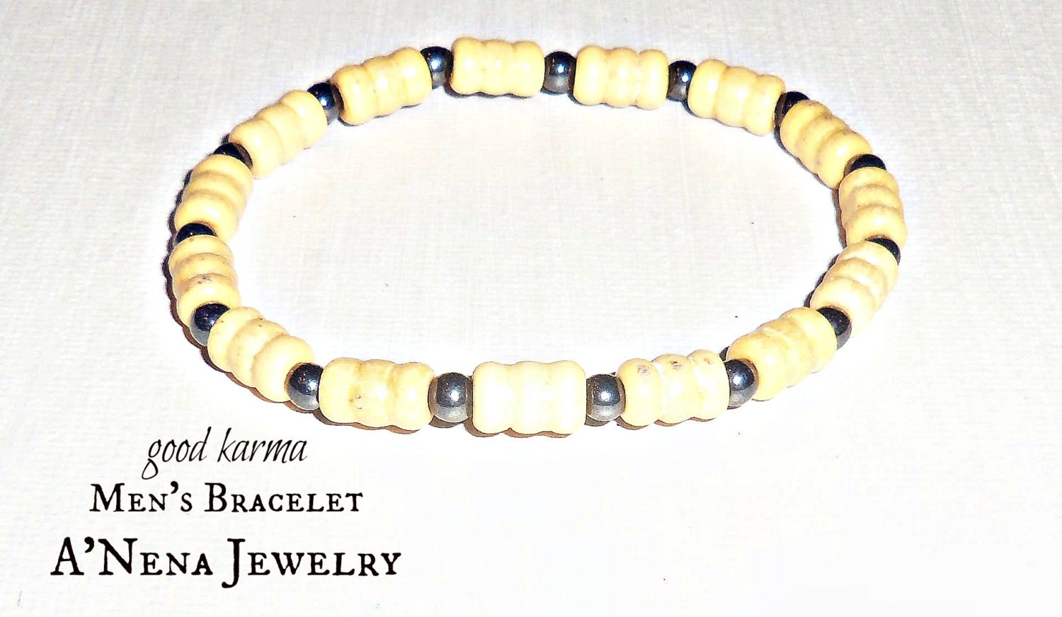 Men's Bracelet: "Good Karma" Genuine  Wood  and  Hematite Inspired by buddist concepts