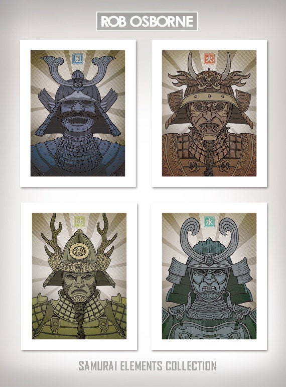 SAMURAI ELEMENTS COLLECTION Set of 4 Poster Art Prints 11x14 by Rob Osborne