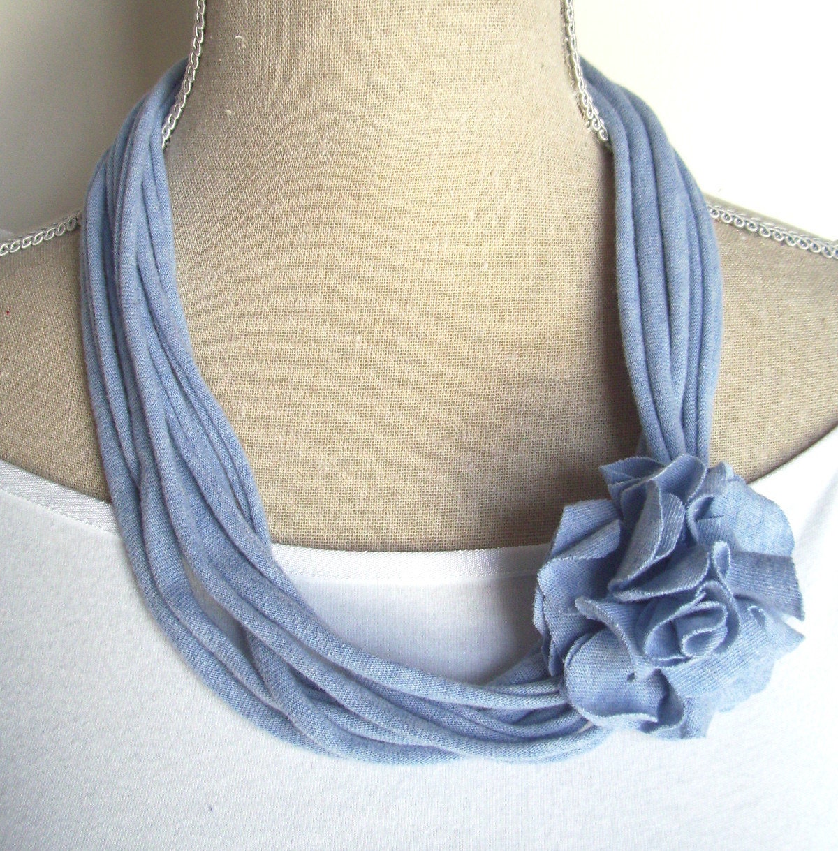 Upcycled Powder Blue Jersey Tee Noodle Necklace with Removable Flower Clip, Spring Color, Repurposed Recycled T-shirt Loop Scarf, Accessory