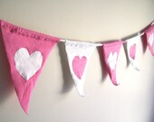 Pink and White with Hearts, Tshirt Jersey Fabric Pennant Banner, Bunting, Flag Garland, Upcycled, Eco-Friendly Wedding Shower Decoration