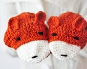 FOX FINGERLESS GLOVES Mittens Gift Wool Crochet Winter Woman Girl TeensCozy Ginger Red Forest Animals Woodland