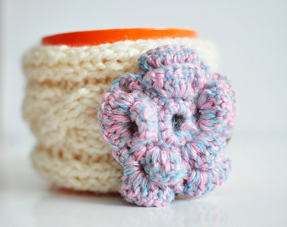 Cup cozy, mug warmer, crochet flower