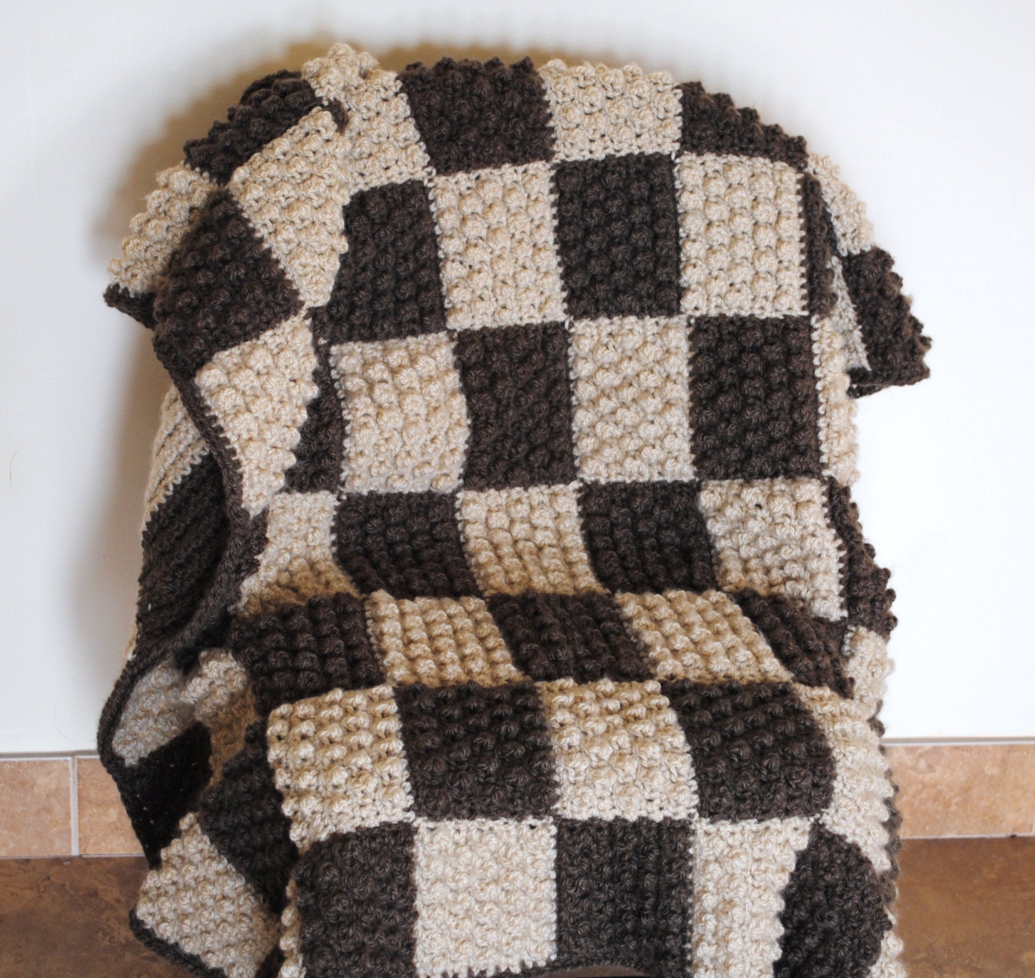 checkerboard- brown & tan crochet lap-ghan- afghan throw