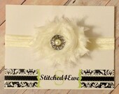 Cream Rhinestone Baby Headband, Ivory Flower Headband, Shabby Chic Flower Headband, Newborn Headband, Infant Toddler Girl