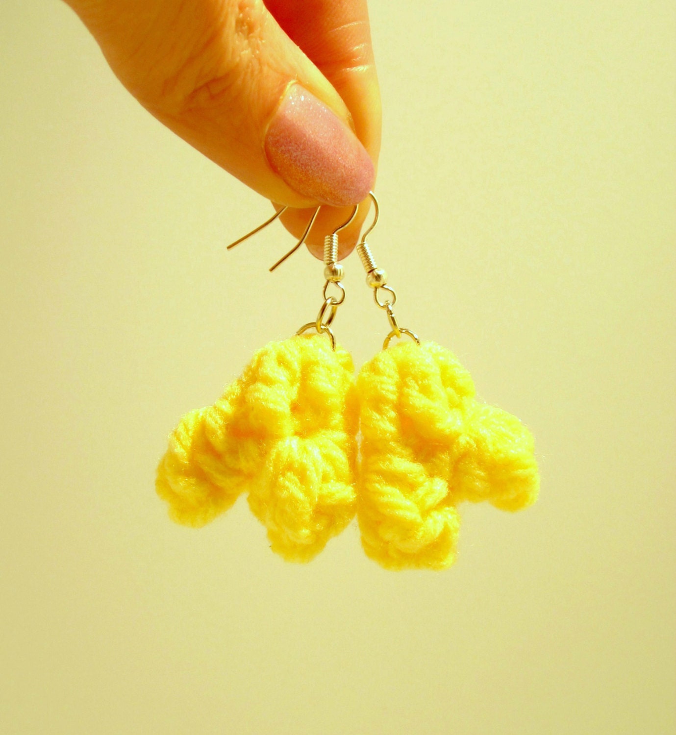 Popcorn Earrings. Nerd Noms. Foodie Nerd Movies Accessory. Carnival Earrings. Buttery Popcorn. Crochet Munchie. Yellow Acrylic Yarn. Kawaii.