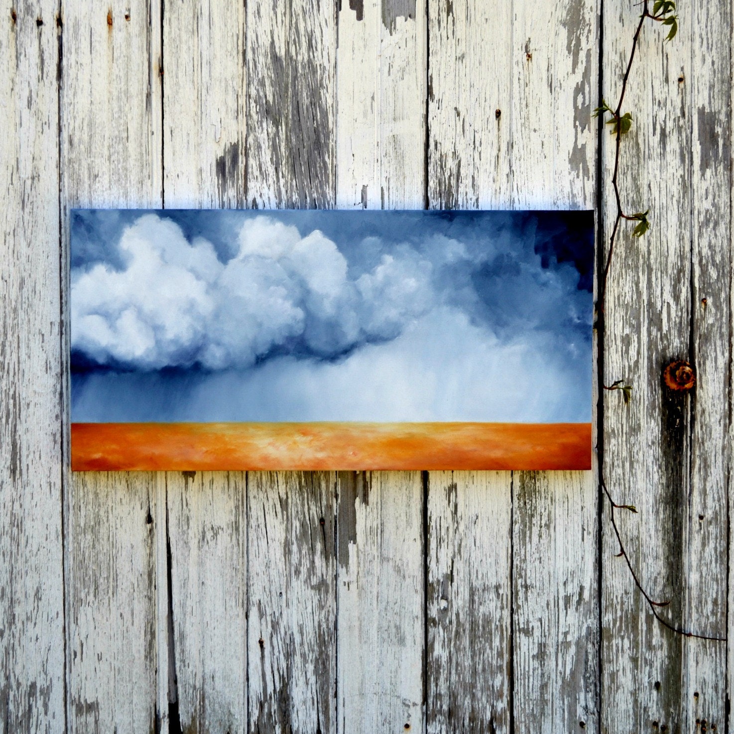 Original oil painting, Landscape,  dark sky,  thunderstorm clouds, earthy colors, dramatic - The Dry Season