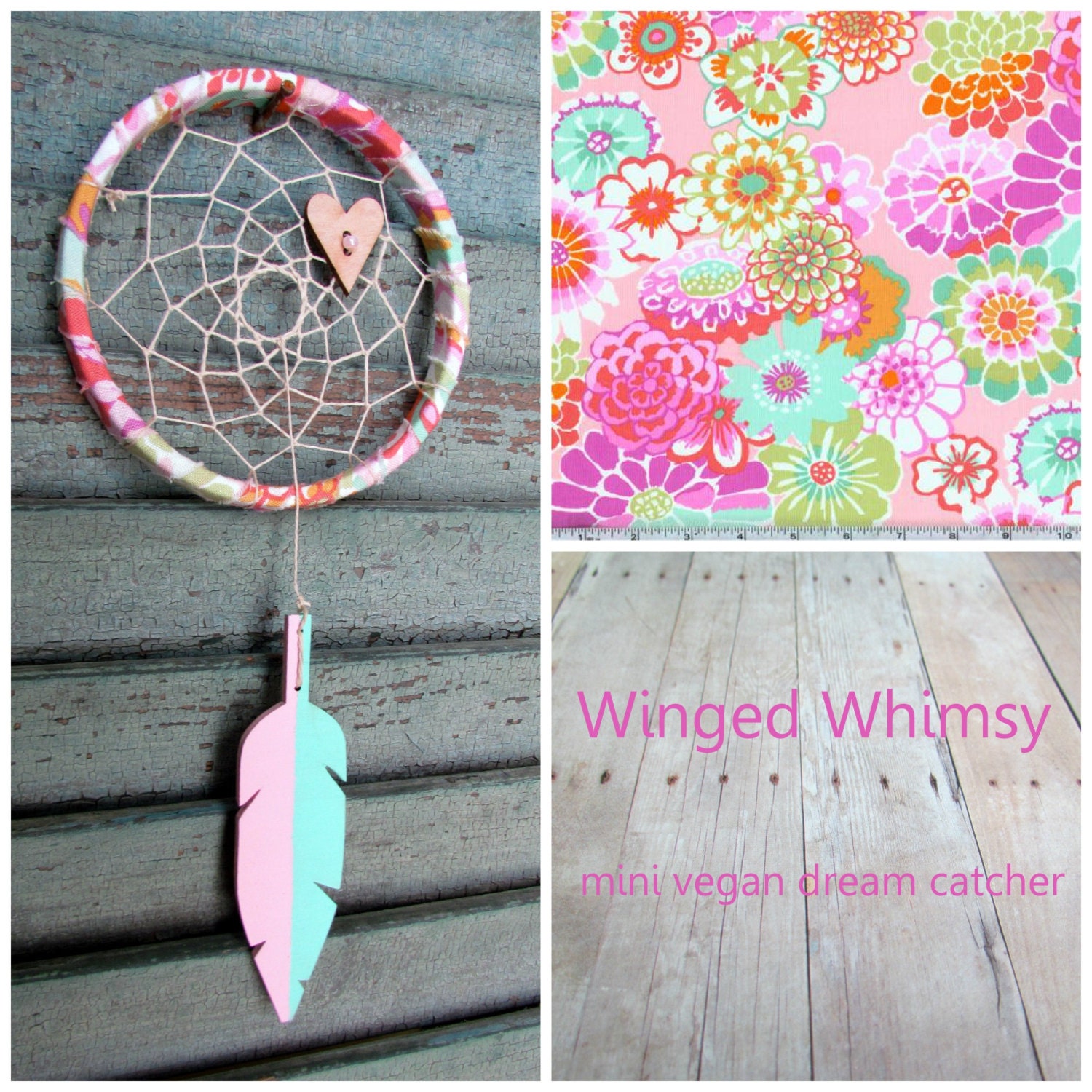whimsical Mini Dream Catcher - Isla - pink, mint green, turquoise - 4 inch hoop - hand painted wood feather- dreamcatcher - vegan