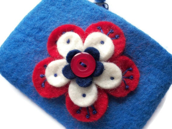 Upcycled Blue Wool Felt Purse - Lined - Zipped - Coin Purse