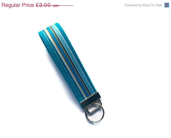 ON SALE Wristlet Key Fob/Key Ring - cotton webbing - turquoise blue