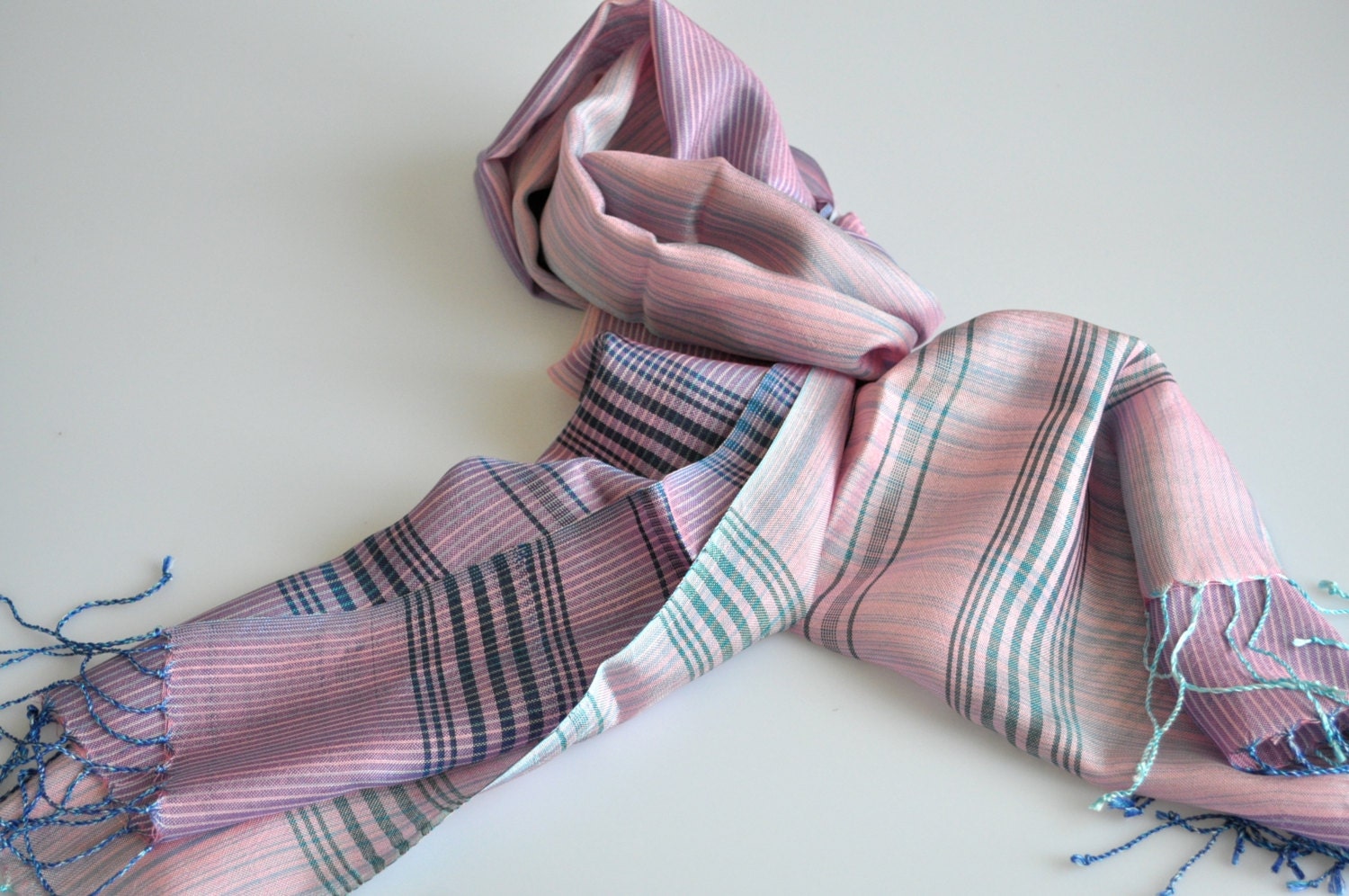 Handwoven Ida Silk Shawl - Pink - Green Stripes
