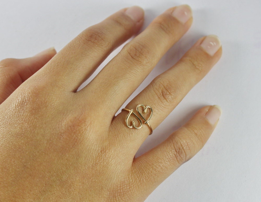 Double Heart Ring - Heart To Heart Love And Friendship Symbol, 14K Gold Filled Wire