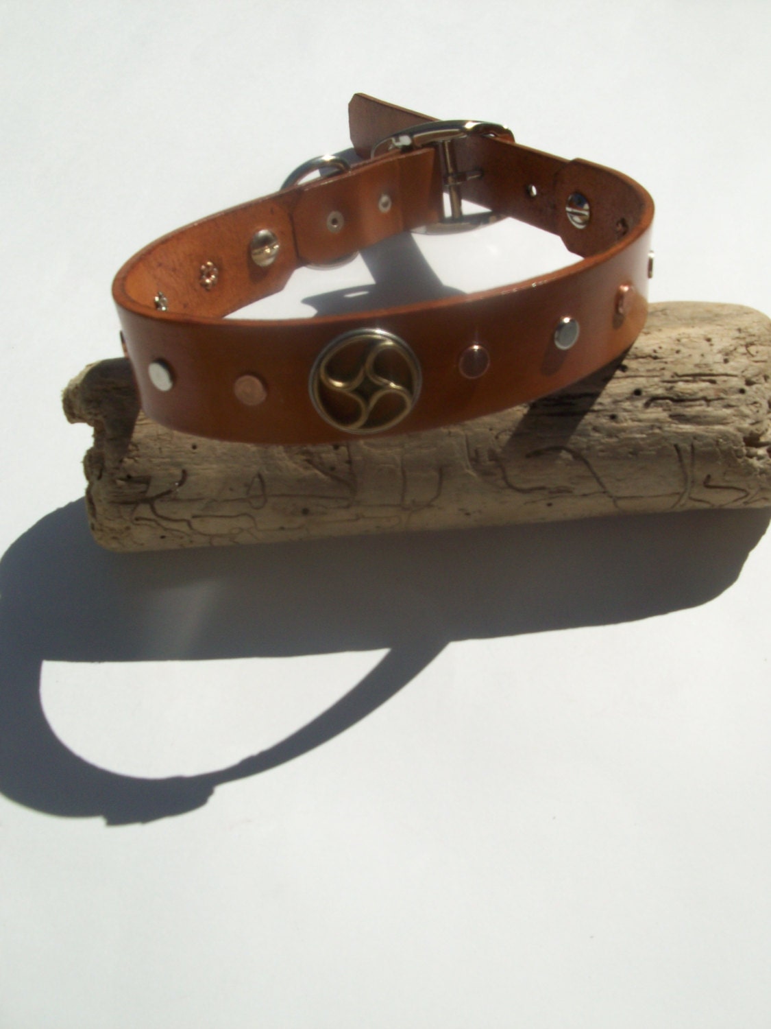 Leather dog collar with Circular Silver and Copper Concho with Copper and Nickle Rivets. Custom Any size or color.  Personalized.