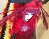 READY TO SHIP Wildebeest Feather red yellow orange fire headdress headpiece indian native