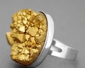 THE BLOND BOMBSHELL Titanium Gold Druzy Large Natural Stone Ring - Gemstone Ring With Silver Adjustable Band, Statement ooak.