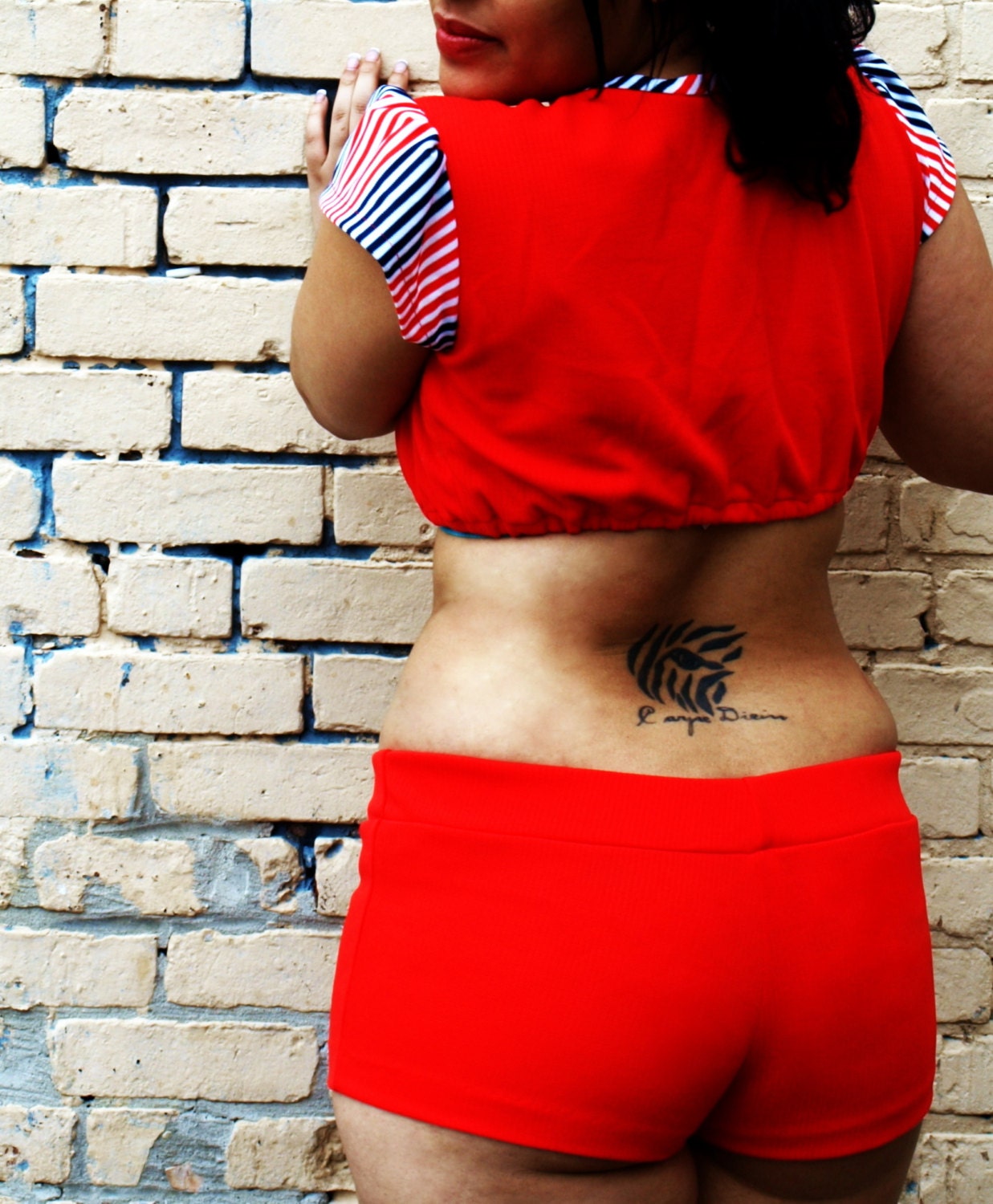 vintage two piece crop top with hot pants set in bright orange, navy, white, stripes