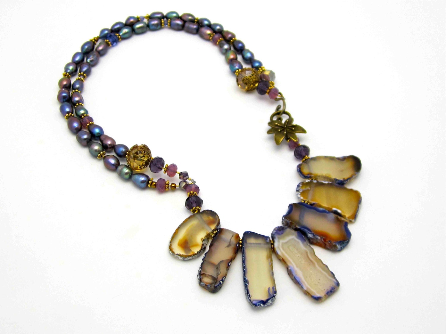 Purple Agate & Pearl Bib Necklace - Double Strand Pearls with Agate Slices
