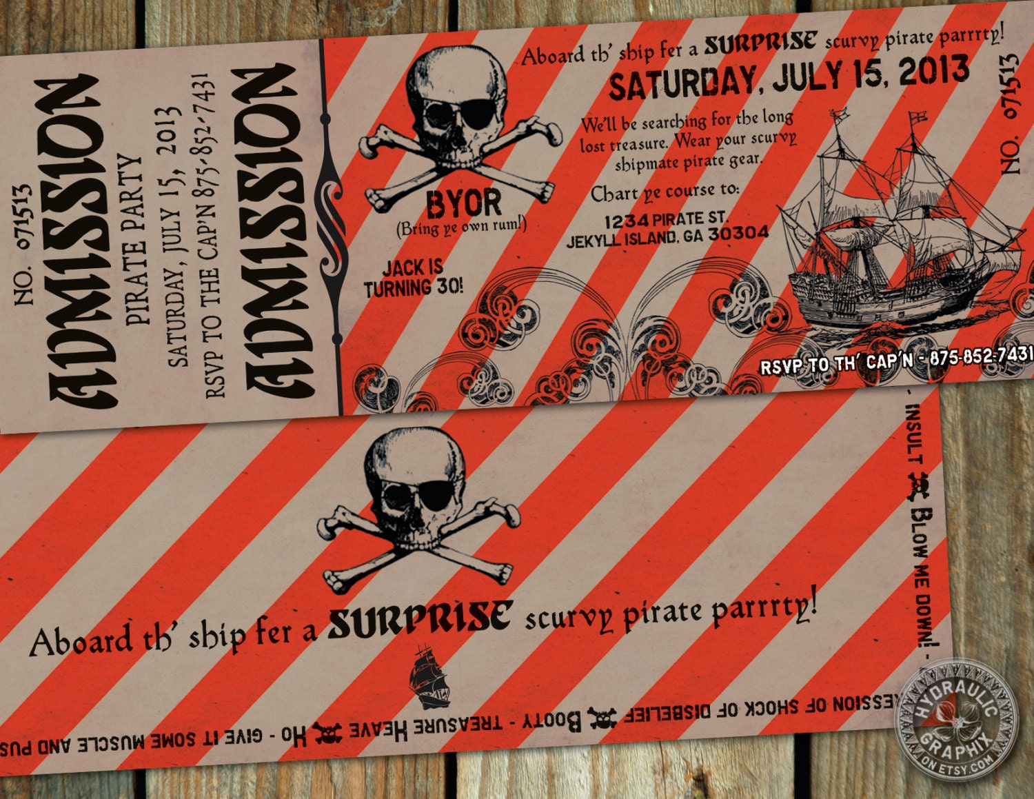 Pirate Birthday Party Ticket Invitation with ocean, ship, skull and cross bones, Surprise, turning 30, steampunk inspired Il_570xn