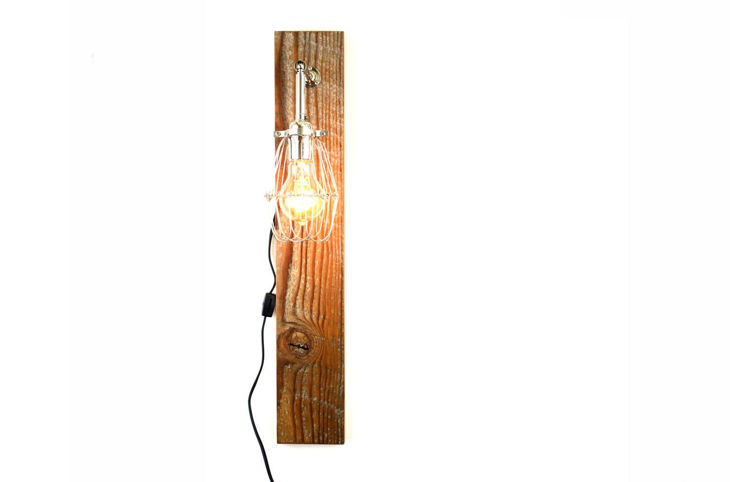 Barn Wood Wall Sconce // Salvaged Wood Lamp // Industrial Lighting //  Chrome Cage Light // Reclaimed Wood Furniture