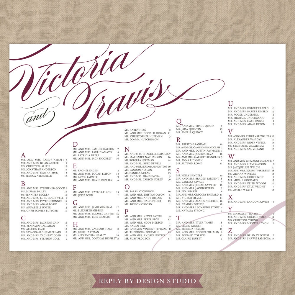 Wedding Seating Chart (Pirouette) - Digital Files/DIY (Customizable Calligraphy Design)