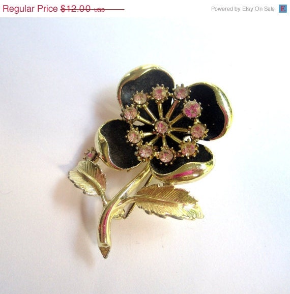 Black Enamel Rhinestone Flower Brooch 1950s Vintage Jewelry