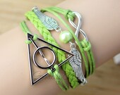 Green bracelet,deathly hallows bracelet,Harry Potter inspired Bracelet, Infinity Bracelet, Wings Bracelet,cute fashion jewelry