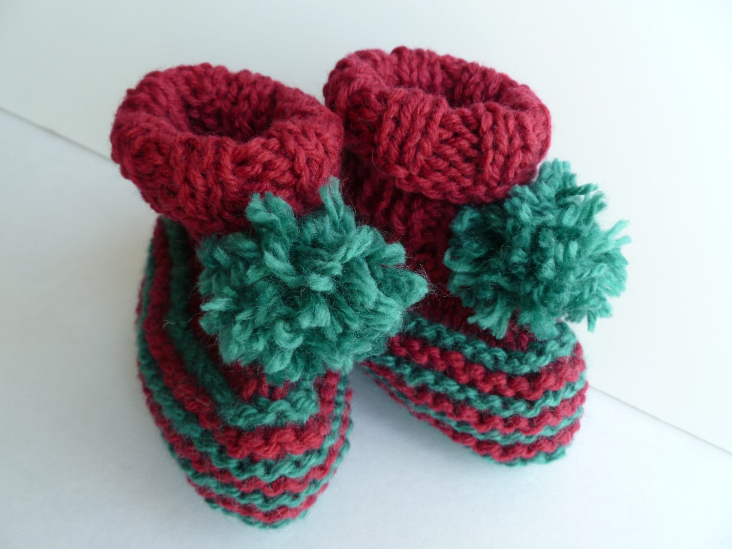 Baby Shower Booties Stripy Knitted Soft Handmade Green Red Christmas 3-6 Months Ready to Ship