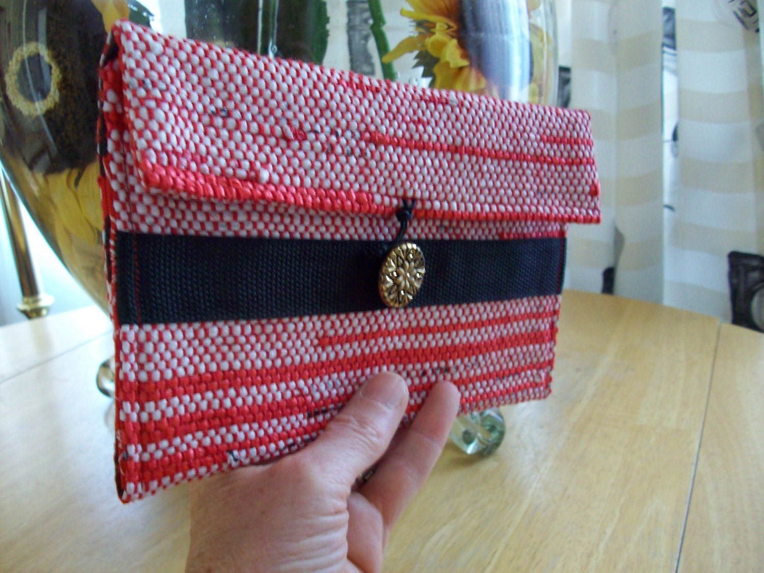 Hand Woven Plarn Coupon Pouch - Red, White, Black