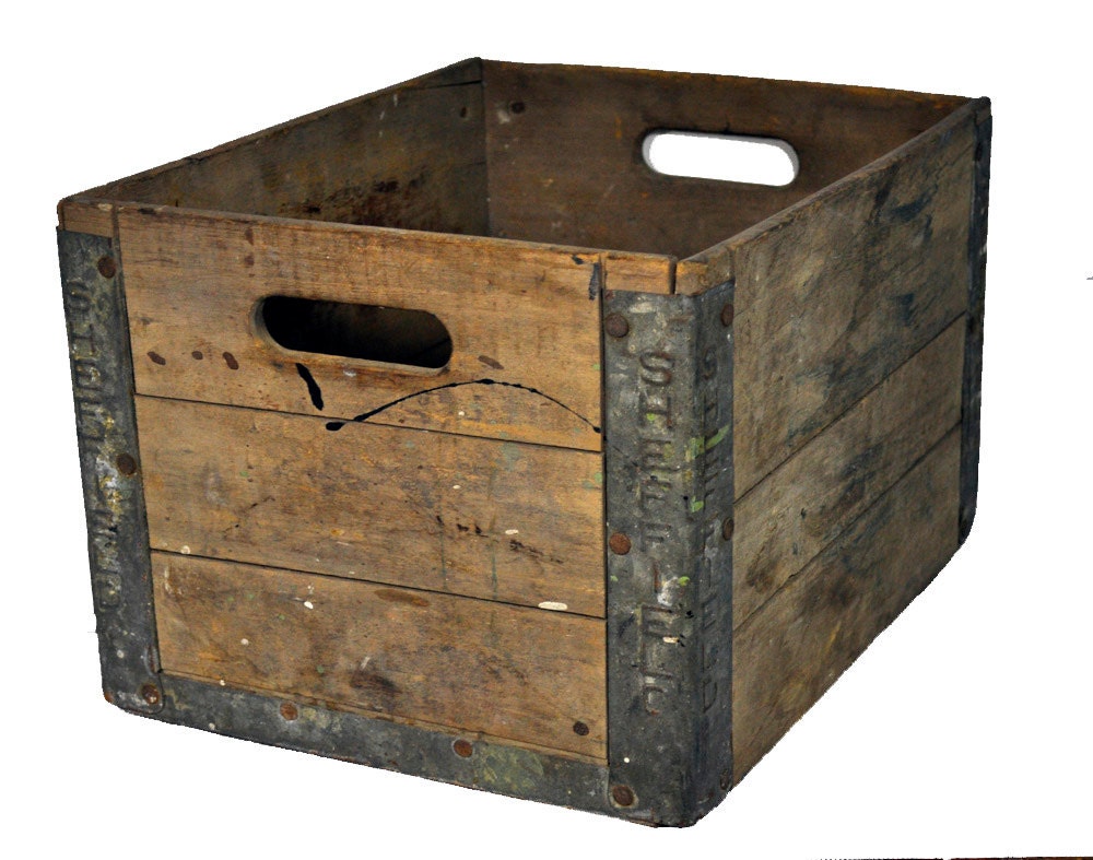 Vintage Sheffield Industrial Wood Crate with Galvanized Metal / Industrial Decor