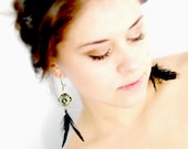 Green beaded boho earring with black feathers