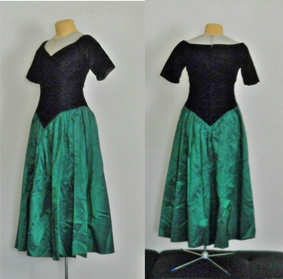 80s Prom Dress Emerald Green Dress Taffeta Dress Formal Gown Evening Dress Drop Waist Dress 80s Party Dress Metallic 80s Dress 80s V Neck