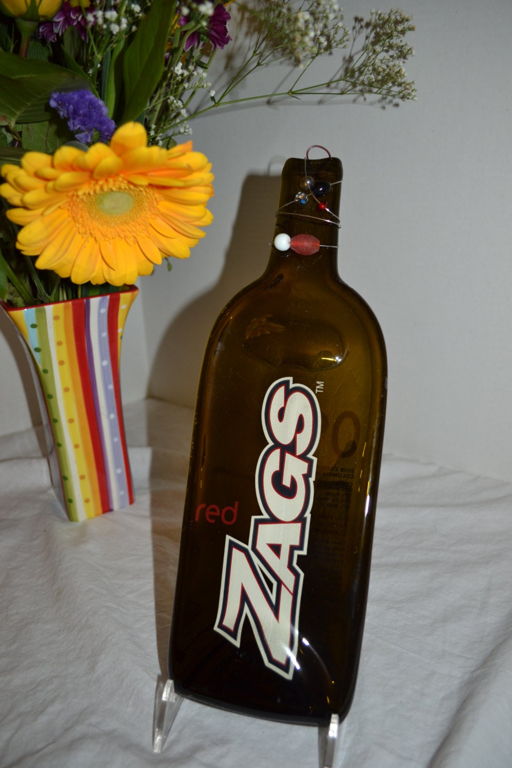 Gonzaga Zags Brown Wine Bottle Cheese Tray with beaded glass accents