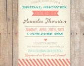 Vintage Bridal Shower Invitation Baby Shower Invite Coral and Turquoise Printable OR Printed Card
