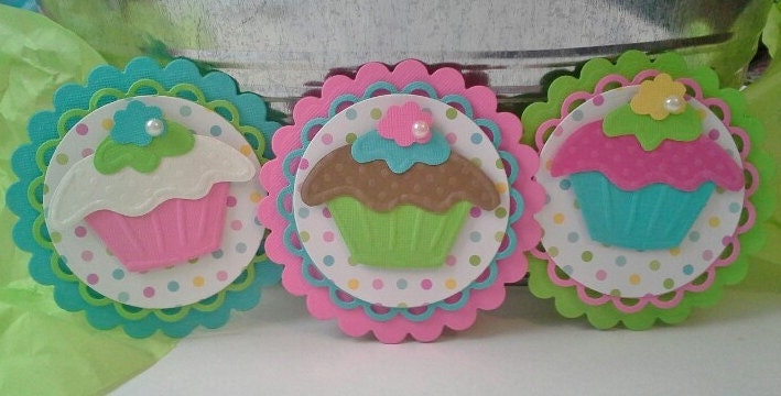 Cupcake scrapbook embellishments in pink aqua turquoise and lime green for card toppers tag and scrapbook pages