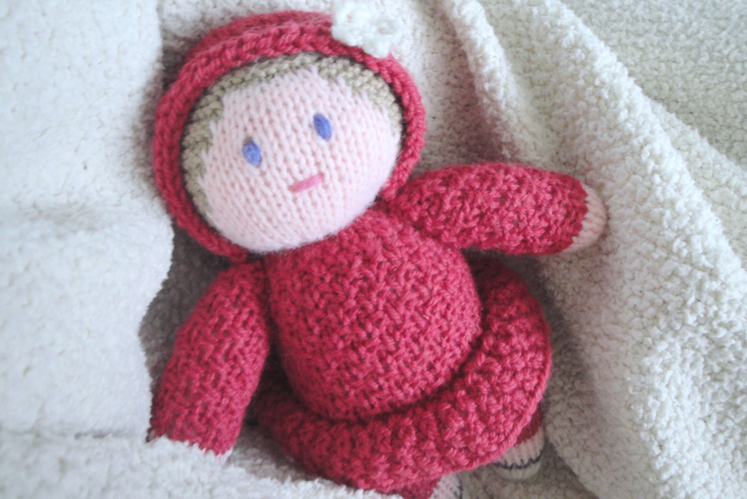 Sweetie Baby Doll, Hand Knit Baby Doll, Girl Rag Soft Waldorf Toy, Huggable Dolly, Blonde Hair, Violet Eyes, Pink Dress, by Girlpower