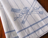 Vintage Towel Linen Embroidered Blue White Stripe Fork Knife