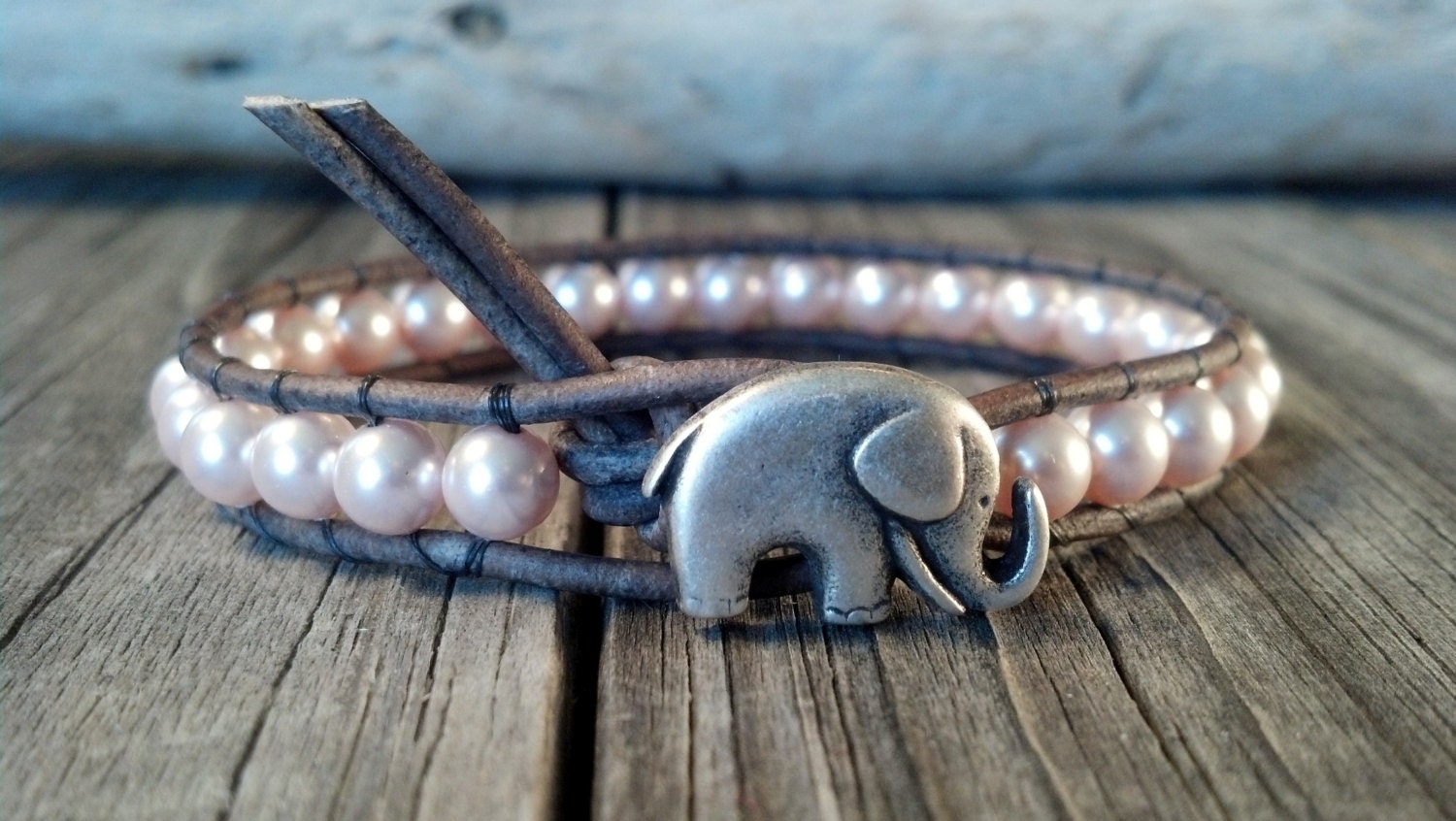 Pink Swarovski Pearl Bracelet, Good Luck Elephant, Beaded Leather Wrap, Shabby Chic