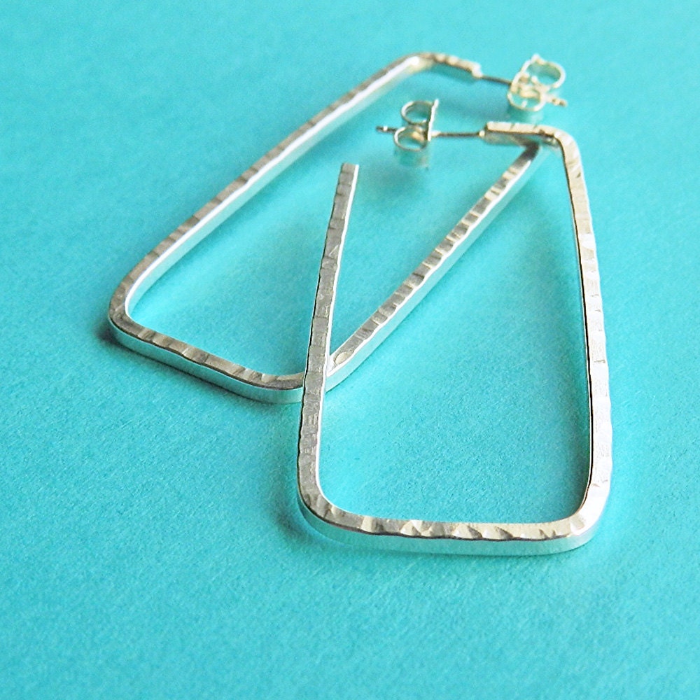 Rectangle hoop earrings, silver hoop earrings, sterling silver hoops, geometric hammered silver post hoop earings, silver hoop earings