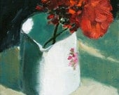 Still Life Flower painting Geranium with milk pitcher Oil on Canvas Board 8x8 inch wall decor kitchen art