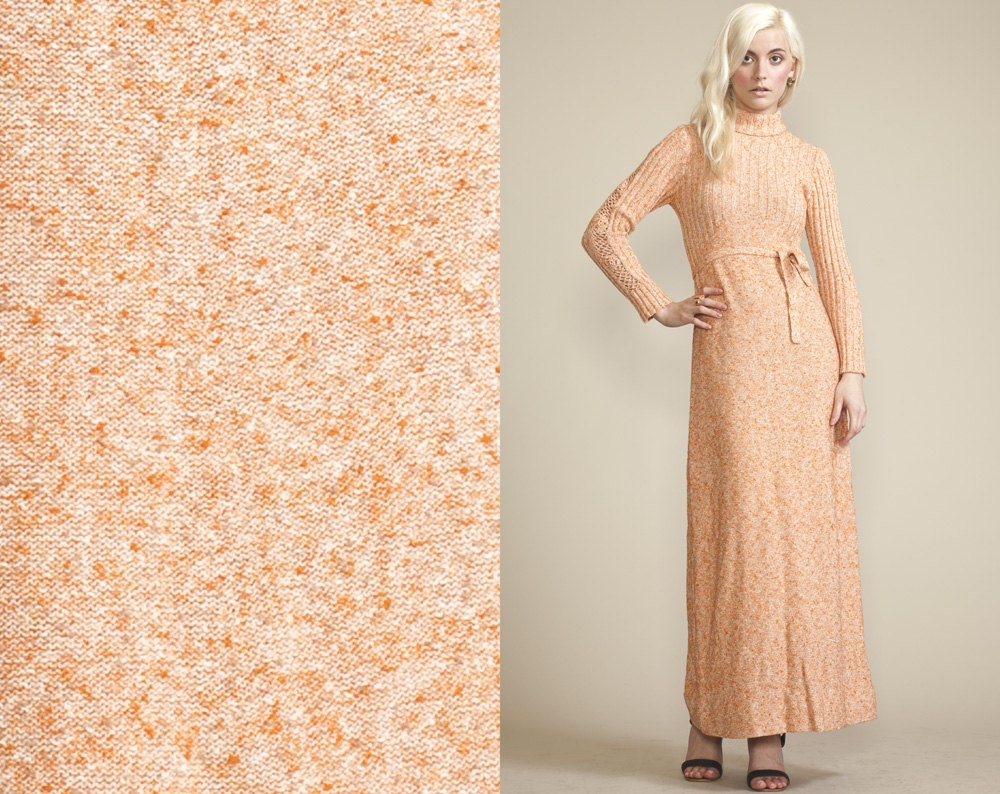 Vintage 60s 70s MAXI SWEATER Orange Dress // Turtle Neck // Peach // Tie Waist belt