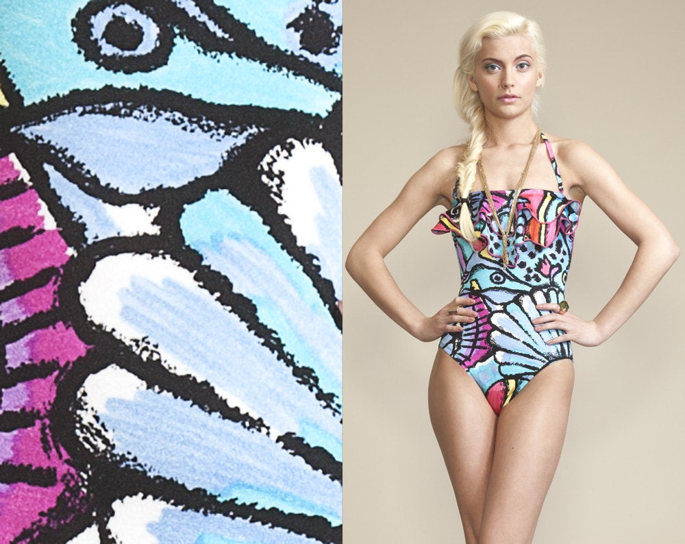 AMAZING Vintage 80s 90s NEON Print Swimsuit // Cut Out Open Back // Bathing Suit