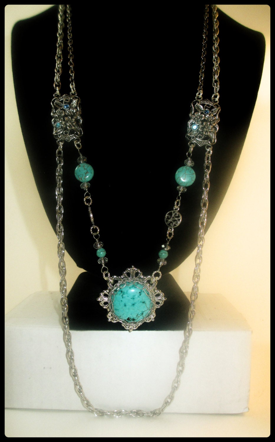 Wire Crochet blue Turquoise pendant Long necklace & Sterling silver earring set - swarovski crystals - Silver vintage chain - wire wrapped