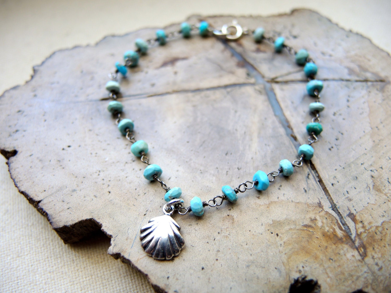 SALE Turquoise Bracelet (Arizona Turquoise With Sterling Silver Shell Charm Bracelet) Gem Stone Bracelet December Birthstone Bracelet