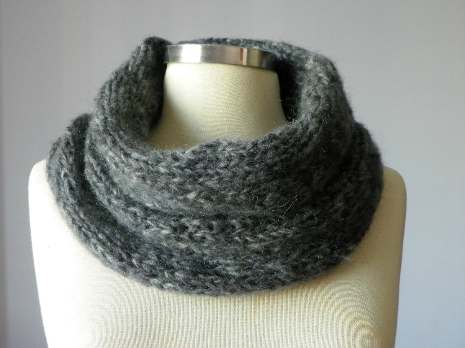 Knitted Cowl Scarf Neck Warmer, Melange grey Handmade winter, fall warm women accessories, chunky infinity cowl