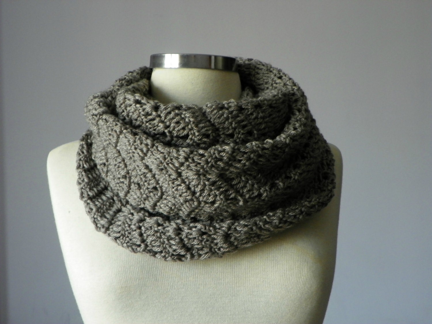 Crochet Cowl Scarf Neck Warmer Gray Beige, winter fall women accessories, chunky infinity cowl